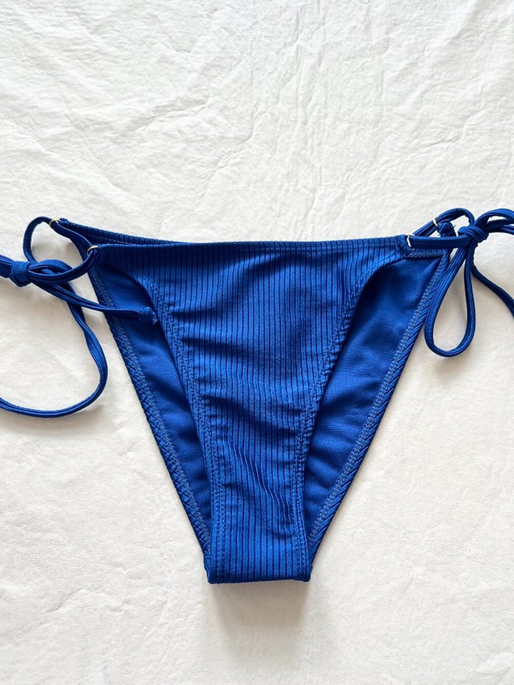 Betty Jade bikini bottoms large solid blue ribbed side tie swimsuit string swim